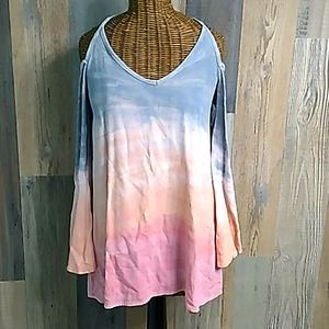 Hard Tail Ombre Cold-Shoulder V-Neck Tunic in Blue, Peach, Pink